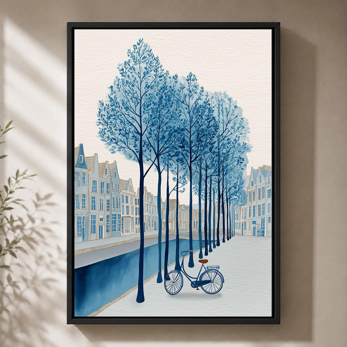 Blue Canal Bicycle Framed Canvas Print, Dutch Cityscape European Street Art, Coastal Framed Decor by The Wall Art Studio -...