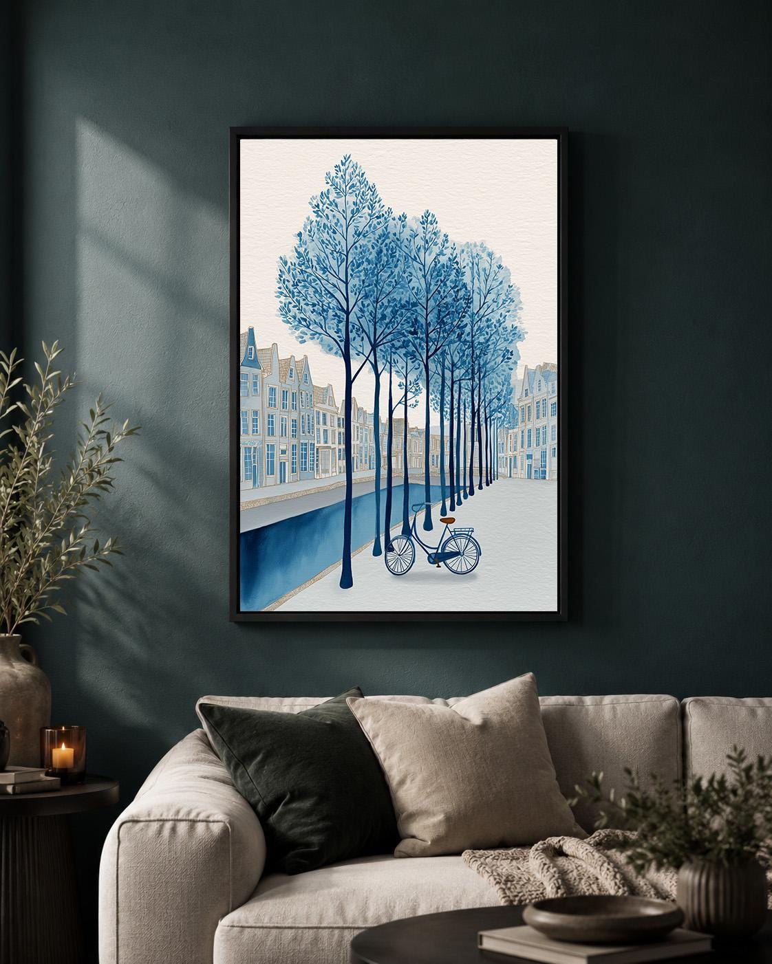 Blue Canal Bicycle Framed Canvas Print, Dutch Cityscape European Street Art, Coastal Framed Decor by The Wall Art Studio -...