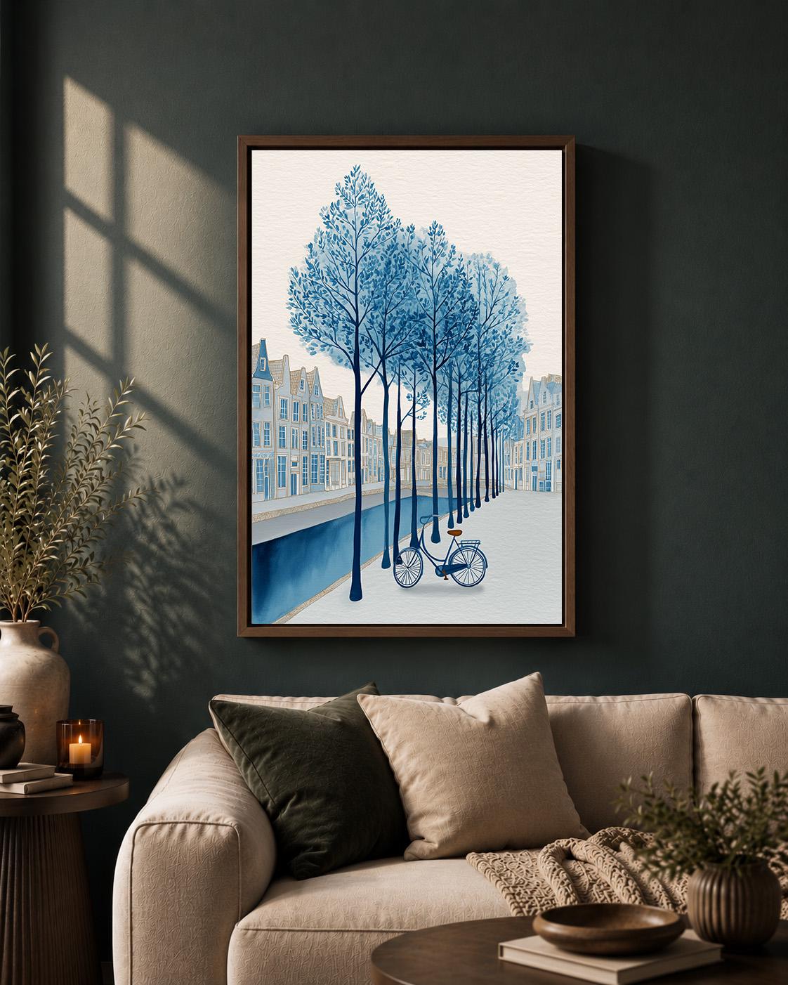 Blue Canal Bicycle Framed Canvas Print, Dutch Cityscape European Street Art, Coastal Framed Decor by The Wall Art Studio -...