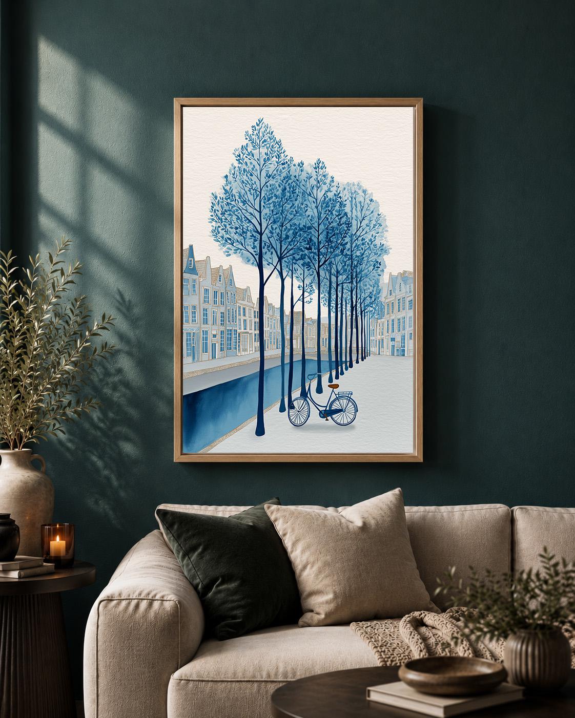 Blue Canal Bicycle Framed Canvas Print, Dutch Cityscape European Street Art, Coastal Framed Decor by The Wall Art Studio -...