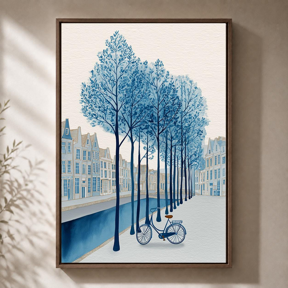 Blue Canal Bicycle Framed Canvas Print, Dutch Cityscape European Street Art, Coastal Framed Decor by The Wall Art Studio -...