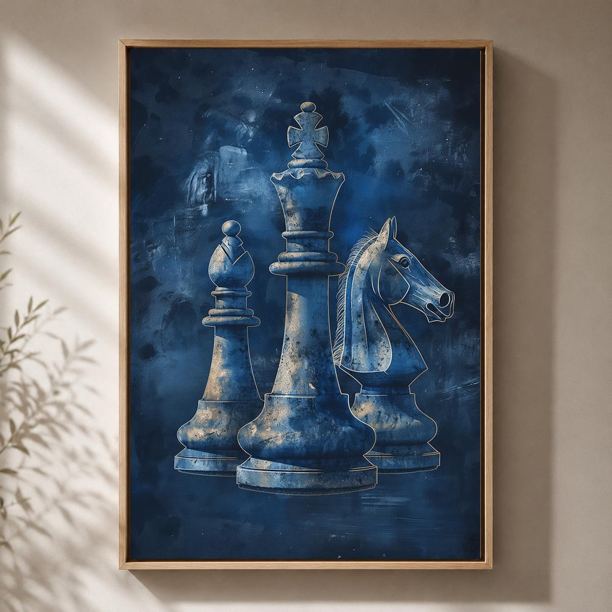 Blue Chess Framed Canvas Art, King, Bishop, Knight Print, Masculine Office Decor by The Wall Art Studio - physical