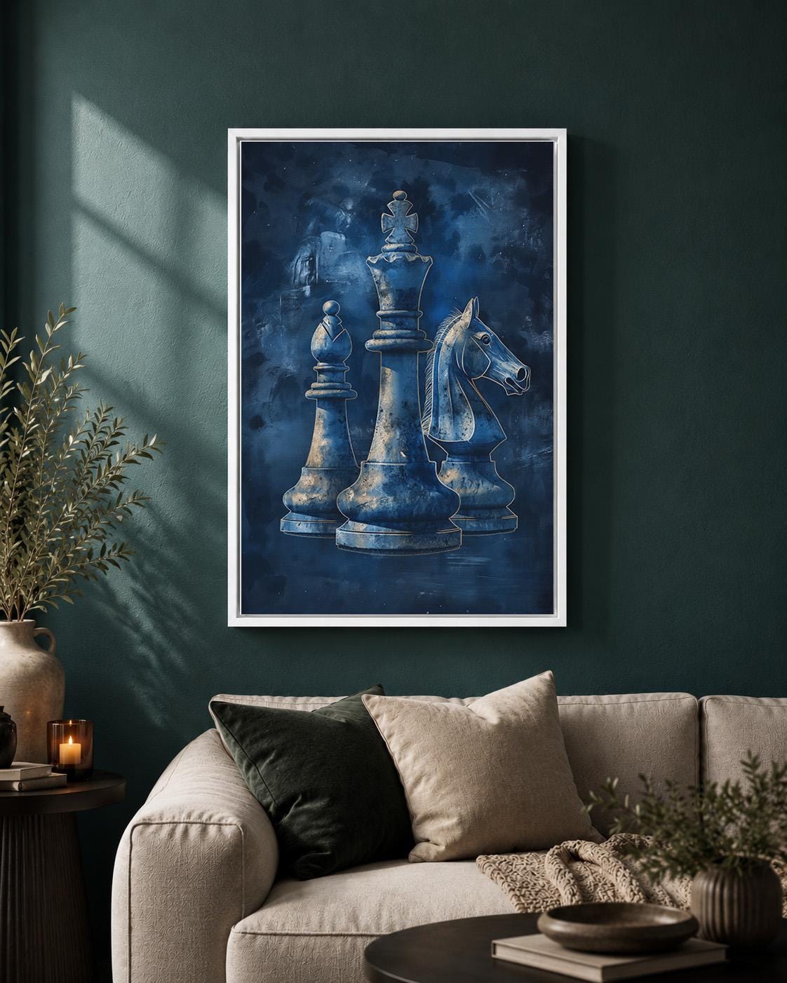 Blue Chess Framed Canvas Art, King, Bishop, Knight Print, Masculine Office Decor by The Wall Art Studio - physical