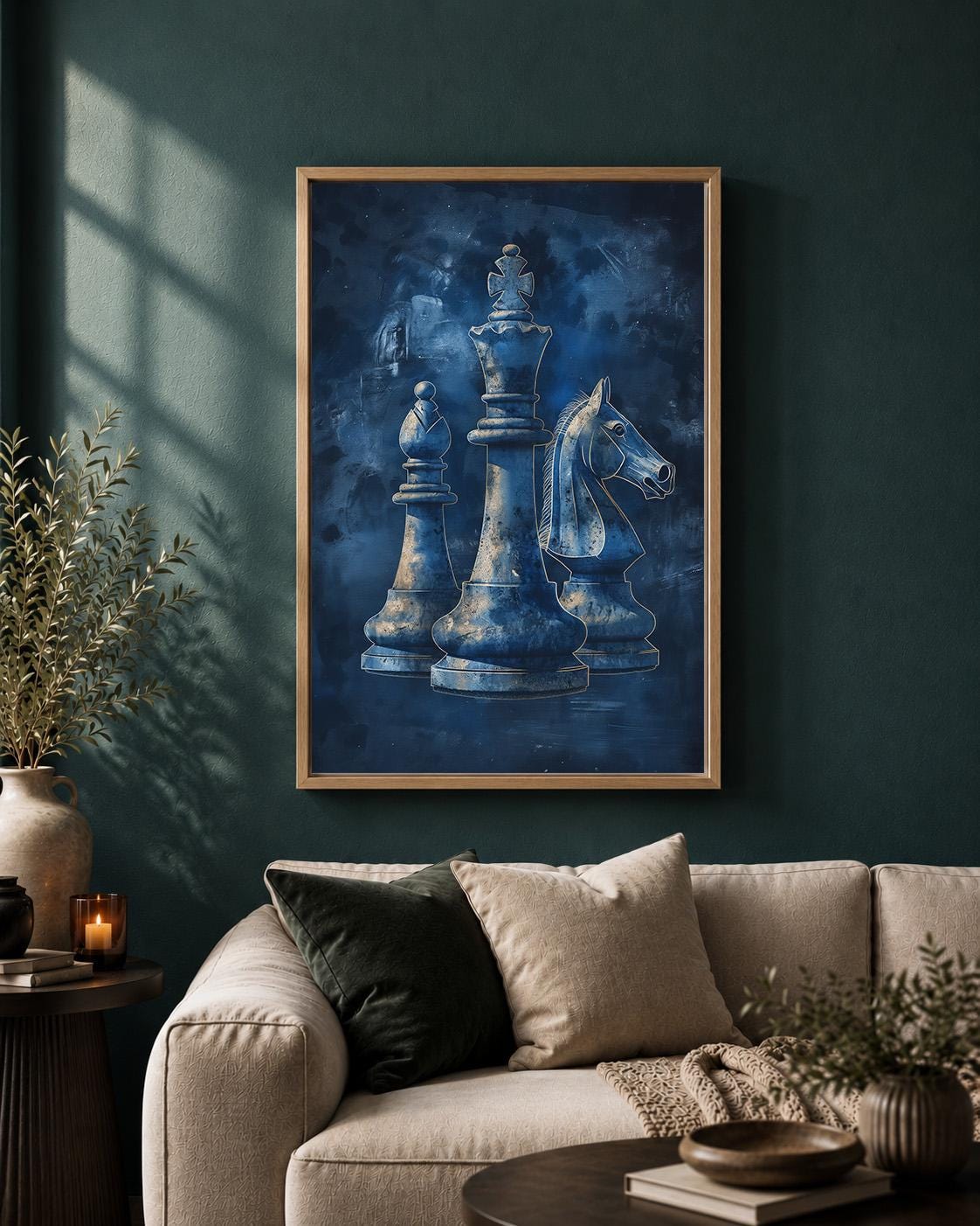 Blue Chess Framed Canvas Art, King, Bishop, Knight Print, Masculine Office Decor by The Wall Art Studio - physical