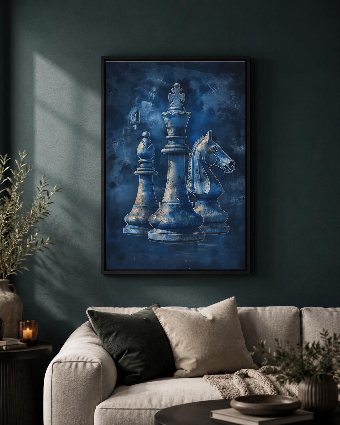 Blue Chess Framed Canvas Art, King, Bishop, Knight Print, Masculine Office Decor by The Wall Art Studio - physical
