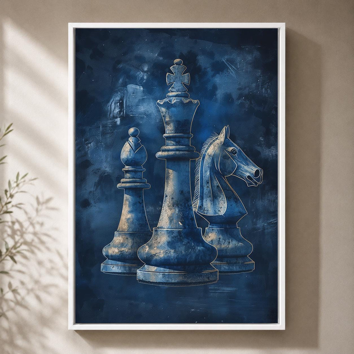 Blue Chess Framed Canvas Art, King, Bishop, Knight Print, Masculine Office Decor by The Wall Art Studio - physical