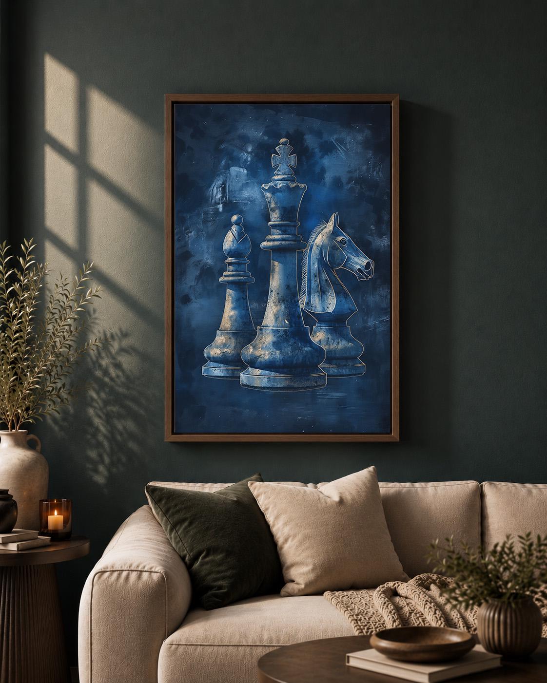 Blue Chess Framed Canvas Art, King, Bishop, Knight Print, Masculine Office Decor by The Wall Art Studio - physical