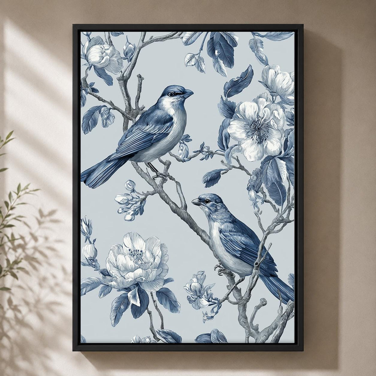 Blue Chinoiserie Bird Framed Canvas Art, Vintage Floral Botanical Print, Cottagecore Decor by The Wall Art Studio - physical