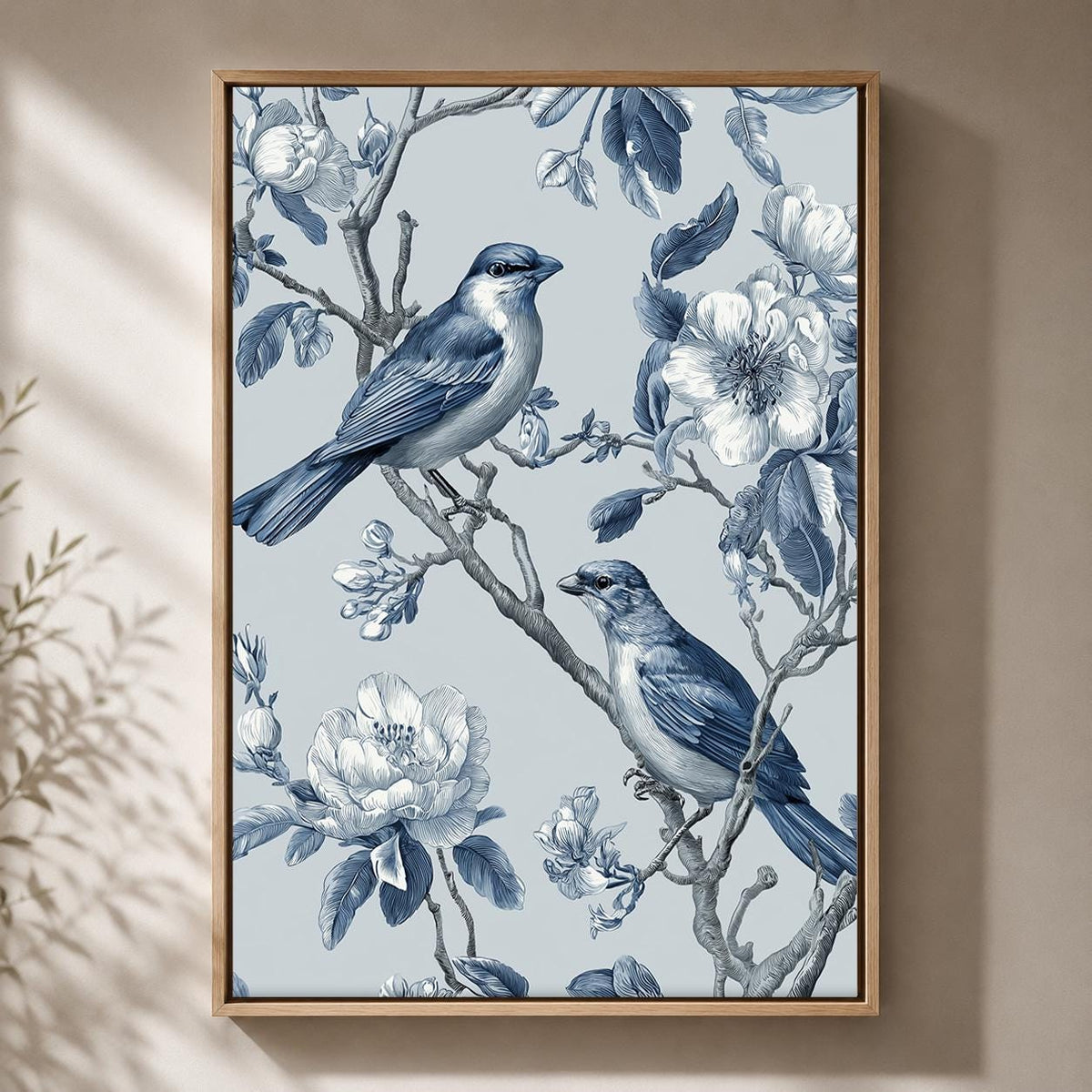 Blue Chinoiserie Bird Framed Canvas Art, Vintage Floral Botanical Print, Cottagecore Decor by The Wall Art Studio - physical