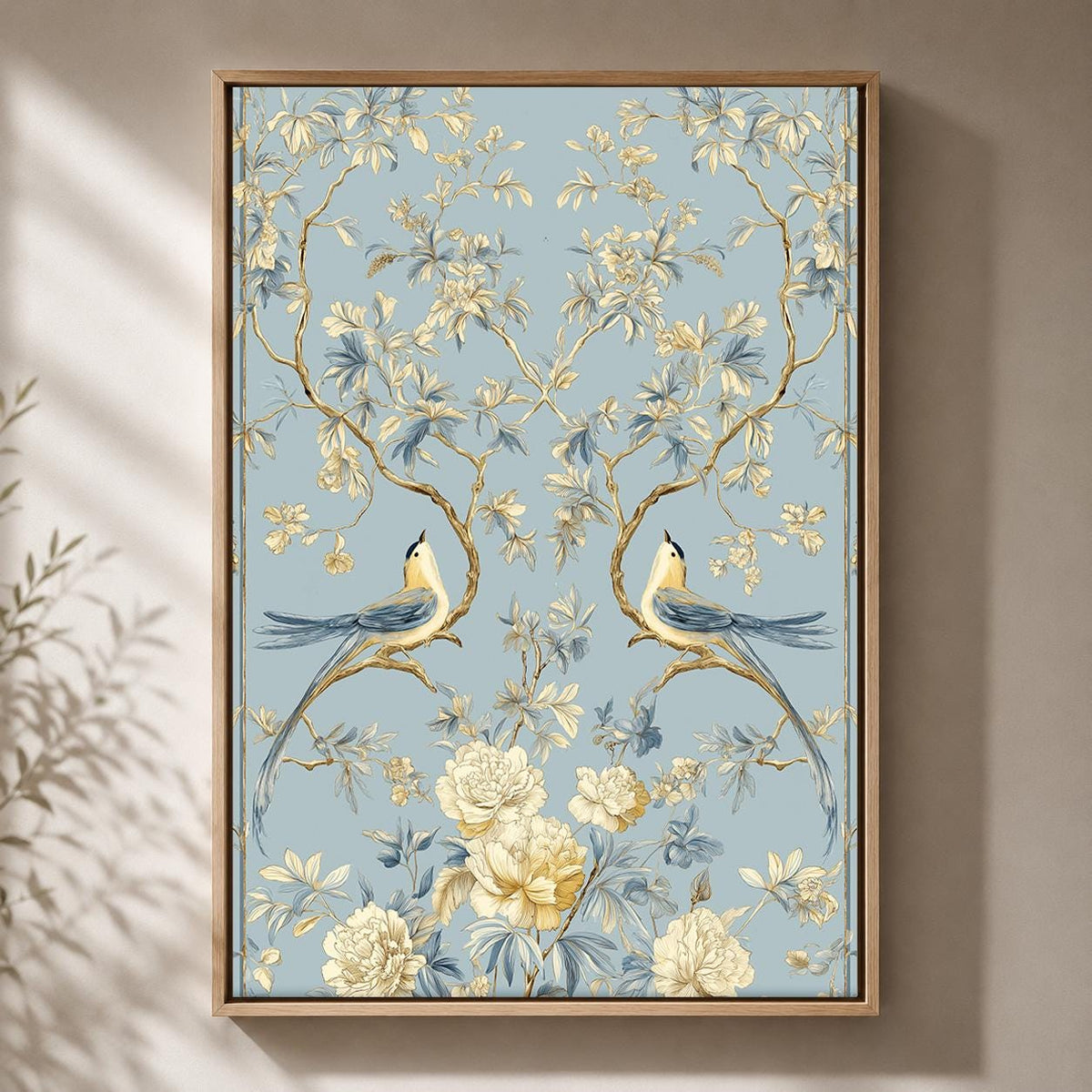 Blue Chinoiserie Bird Framed Canvas Art, Vintage Floral Wallpaper Print, Elegant Cottagecore Decor by The Wall Art Studio...