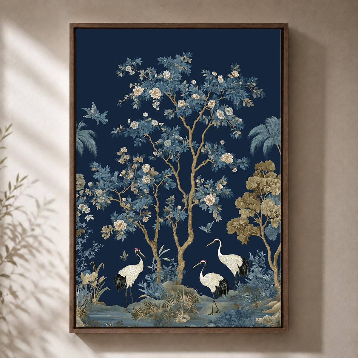 Blue Chinoiserie Crane Blossom Tree Framed Canvas Art, Asian Botanical Framed Decor by The Wall Art Studio - physical