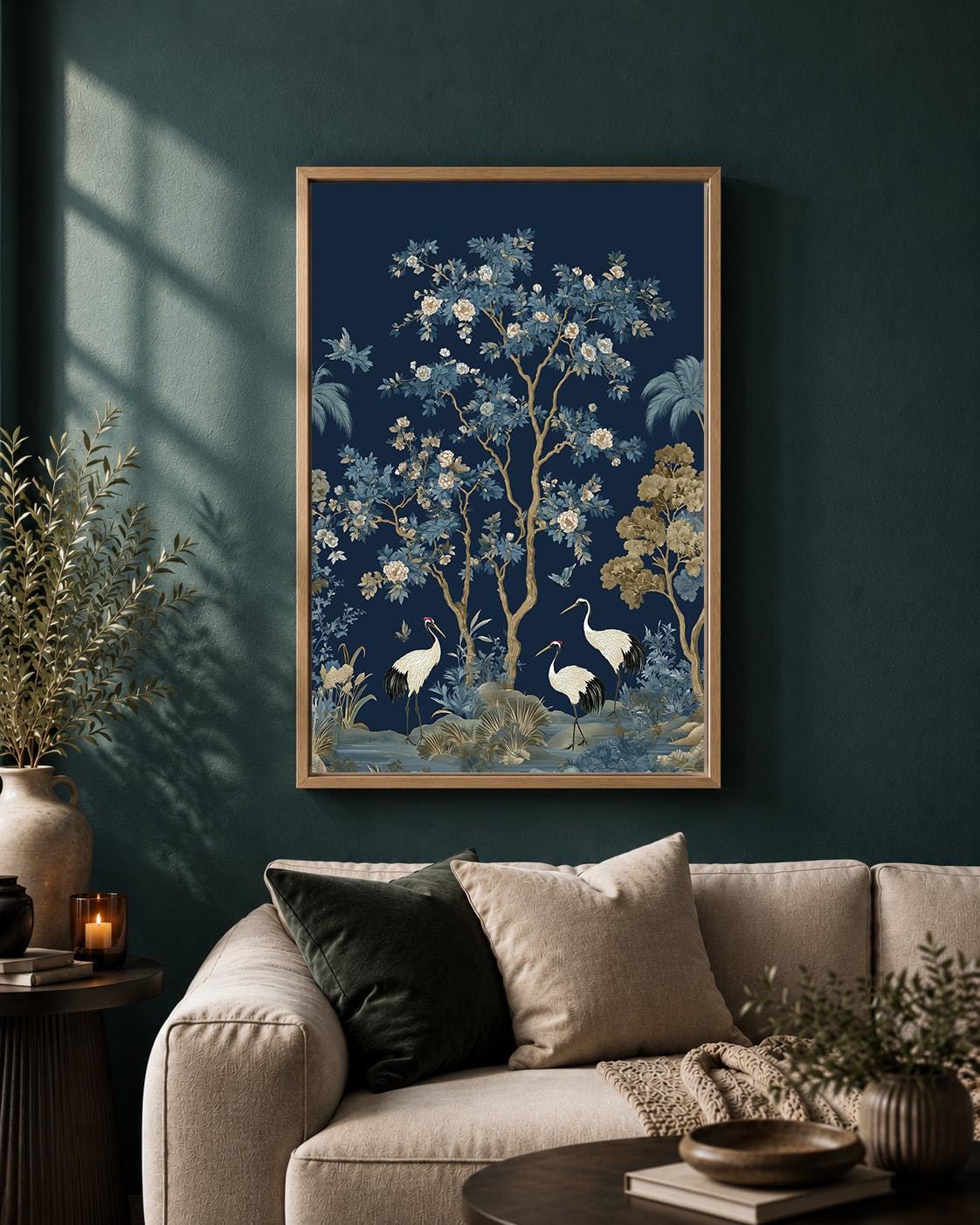 Blue Chinoiserie Crane Blossom Tree Framed Canvas Art, Asian Botanical Framed Decor by The Wall Art Studio - physical