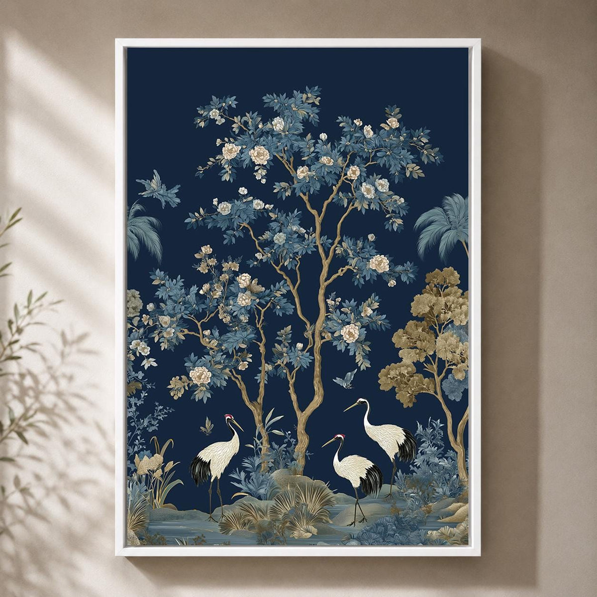 Blue Chinoiserie Crane Blossom Tree Framed Canvas Art, Asian Botanical Framed Decor by The Wall Art Studio - physical