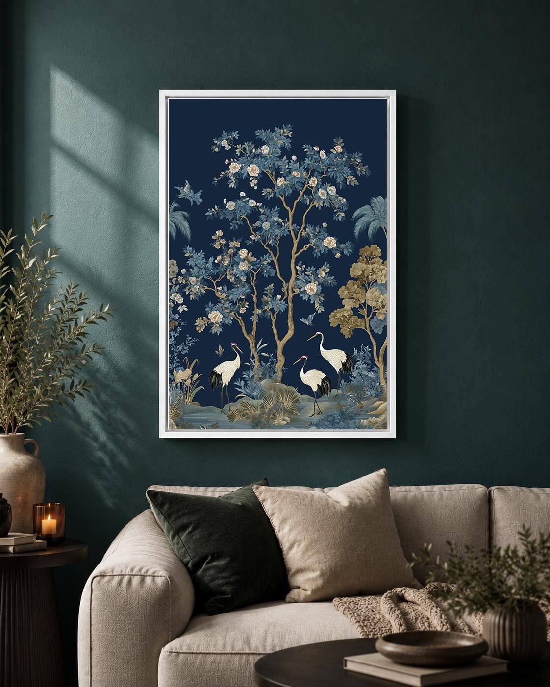 Blue Chinoiserie Crane Blossom Tree Framed Canvas Art, Asian Botanical Framed Decor by The Wall Art Studio - physical