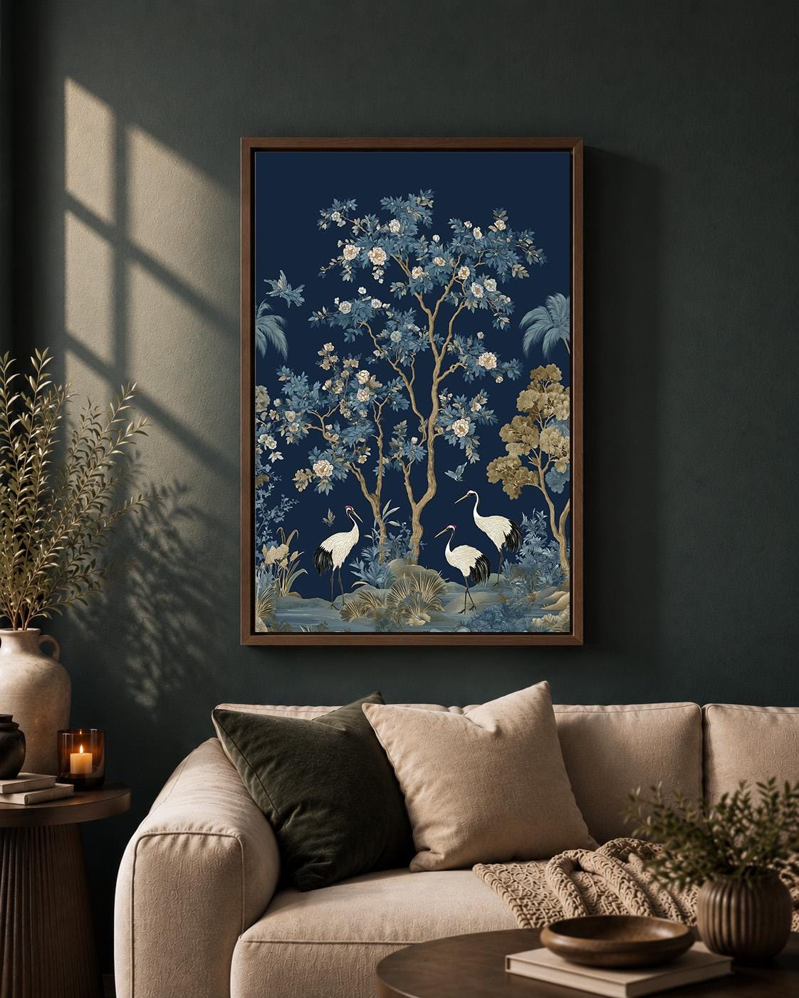 Blue Chinoiserie Crane Blossom Tree Framed Canvas Art, Asian Botanical Framed Decor by The Wall Art Studio - physical