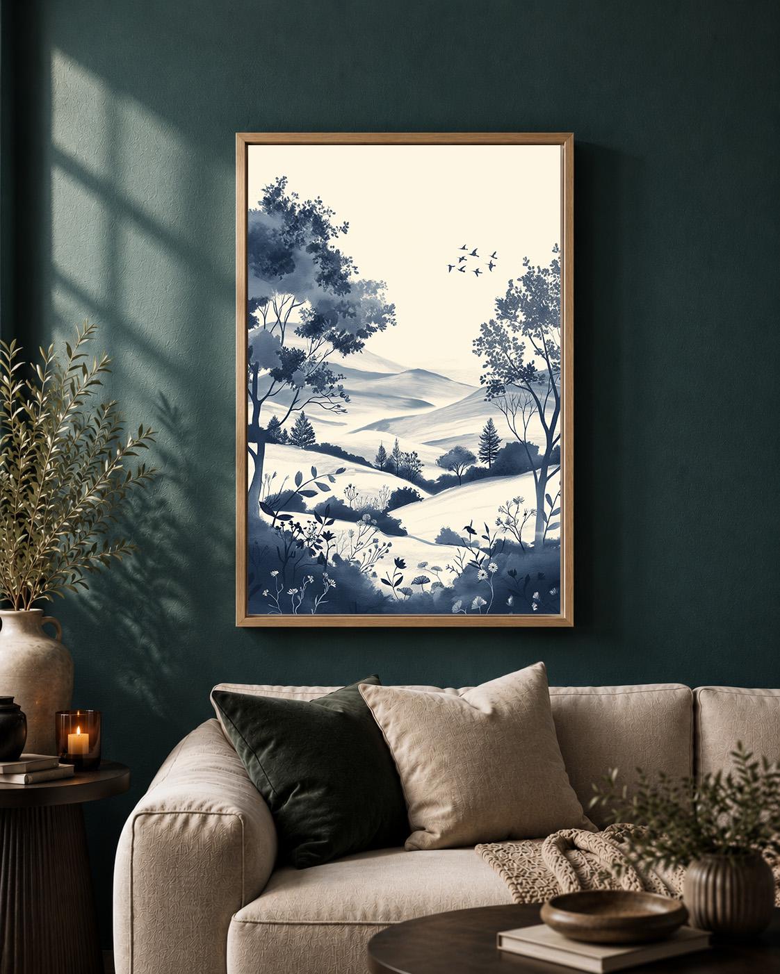 Blue Chinoiserie Landscape Framed Canvas Art, Coastal Cottage Scenic Print by The Wall Art Studio - physical
