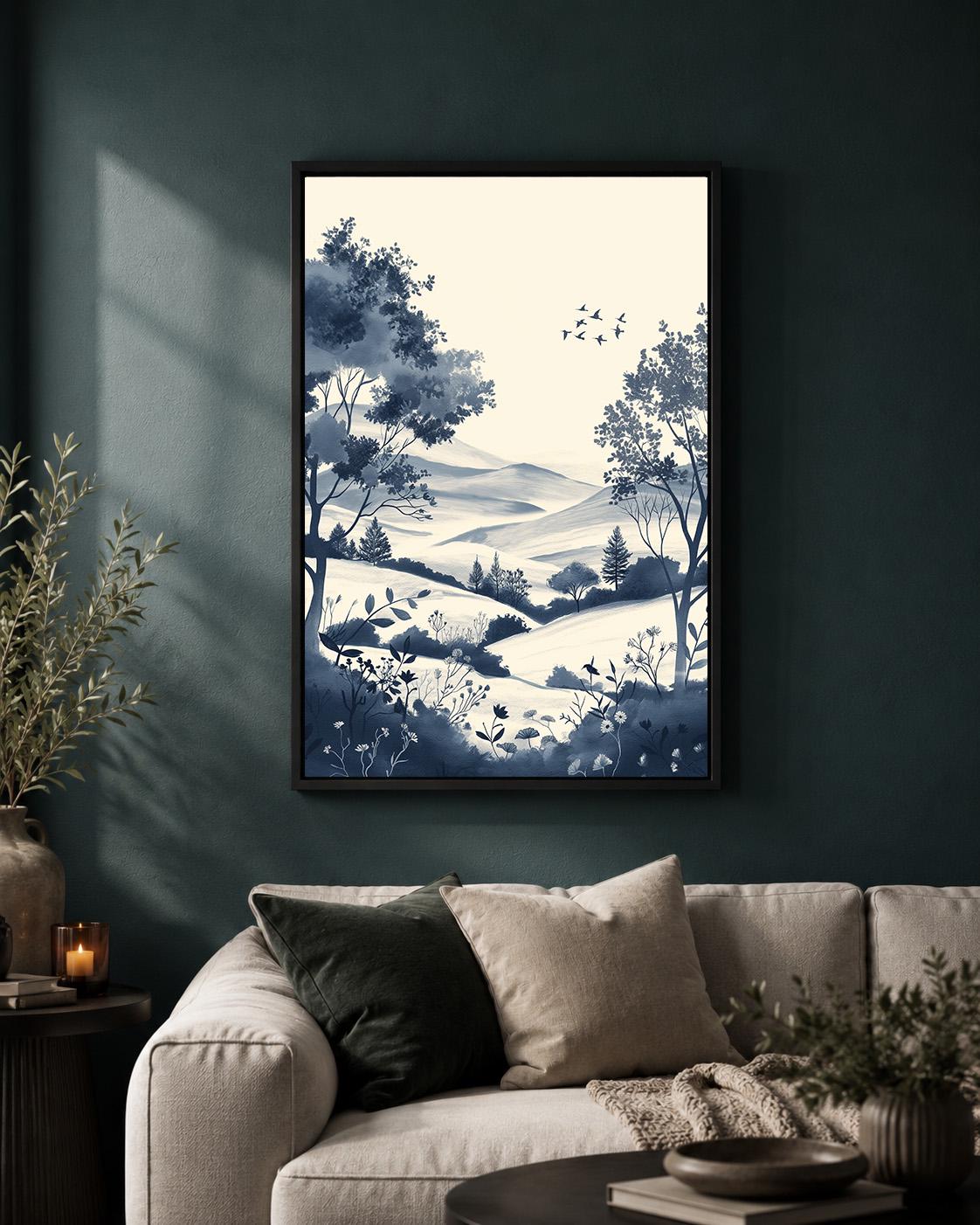 Blue Chinoiserie Landscape Framed Canvas Art, Coastal Cottage Scenic Print by The Wall Art Studio - physical