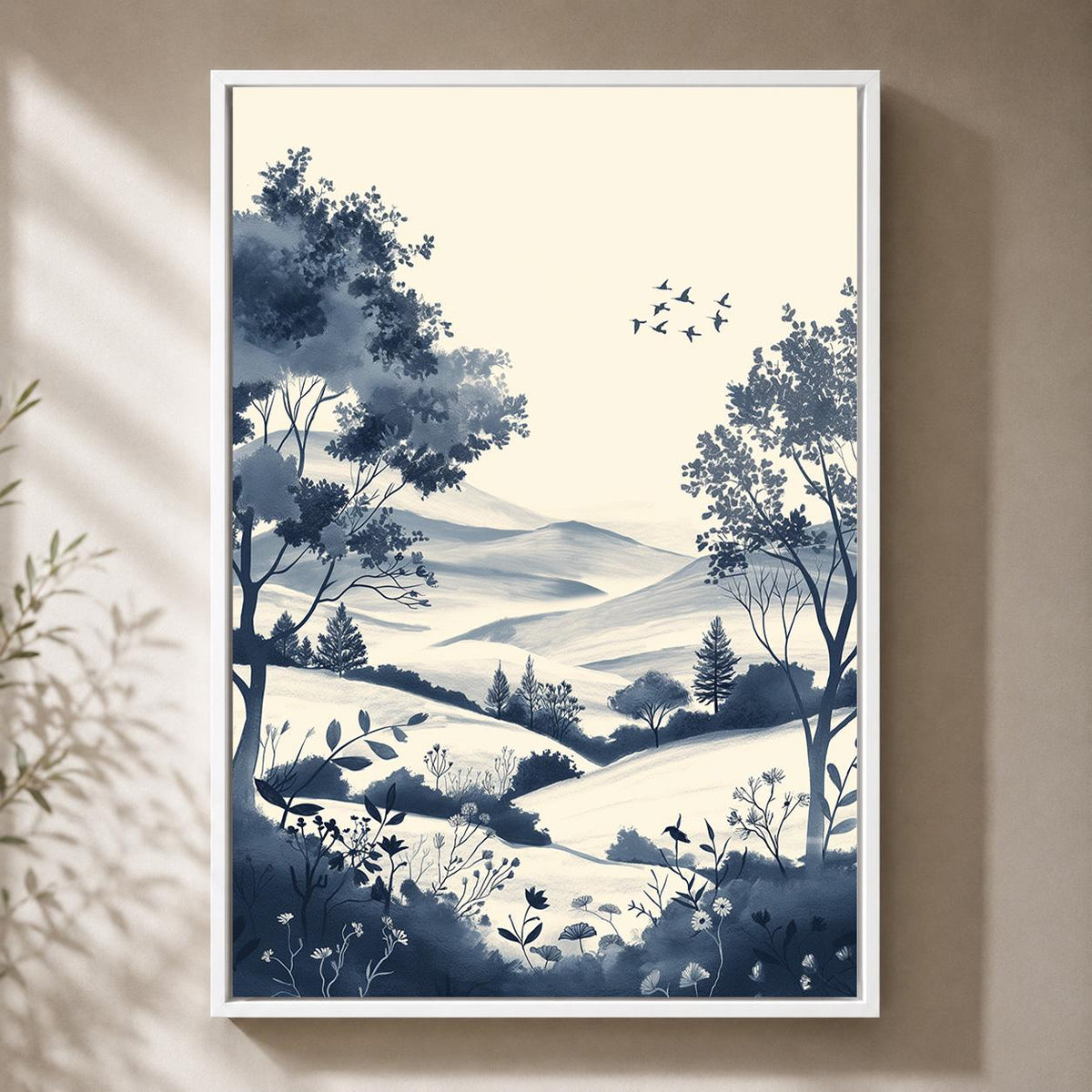 Blue Chinoiserie Landscape Framed Canvas Art, Coastal Cottage Scenic Print by The Wall Art Studio - physical