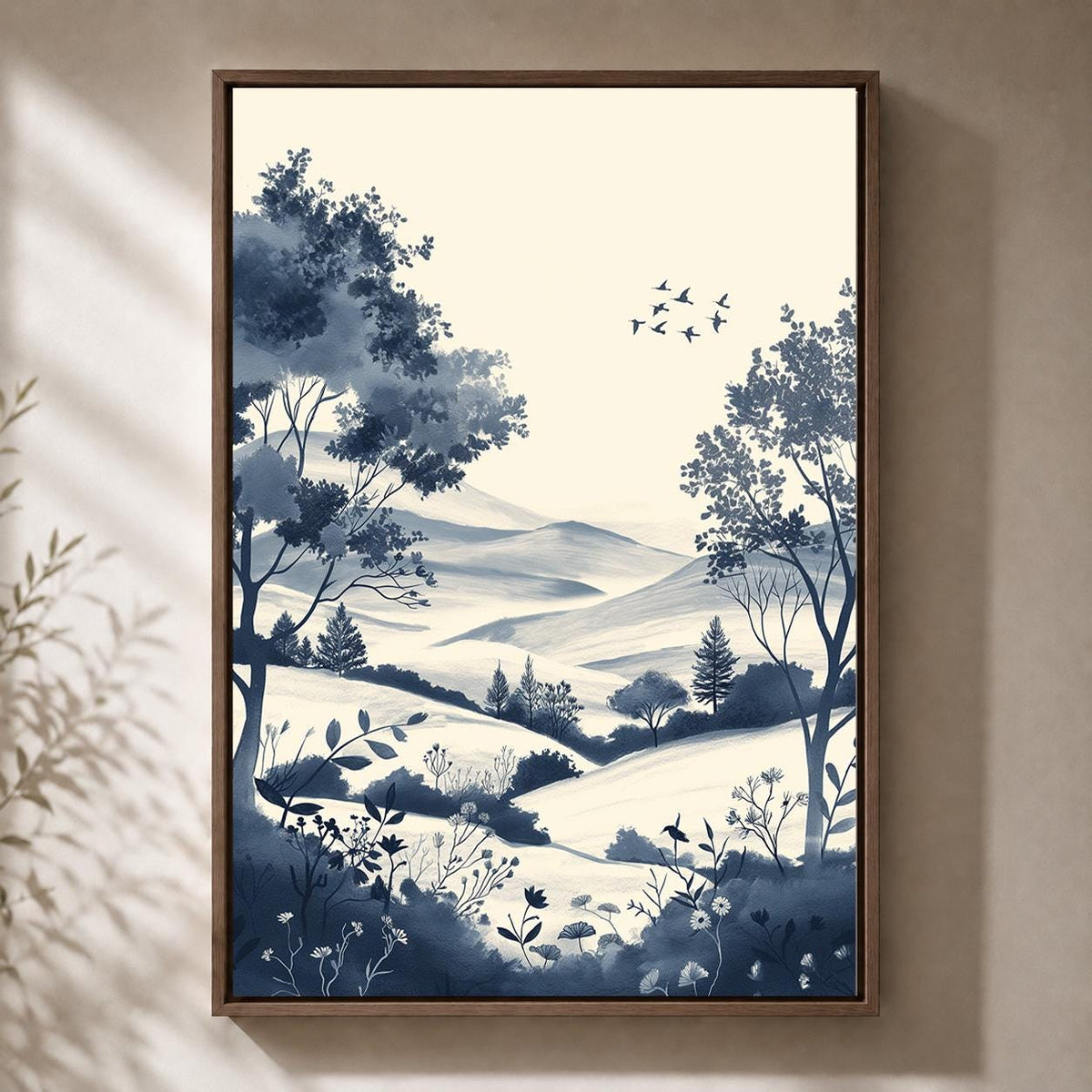 Blue Chinoiserie Landscape Framed Canvas Art, Coastal Cottage Scenic Print by The Wall Art Studio - physical