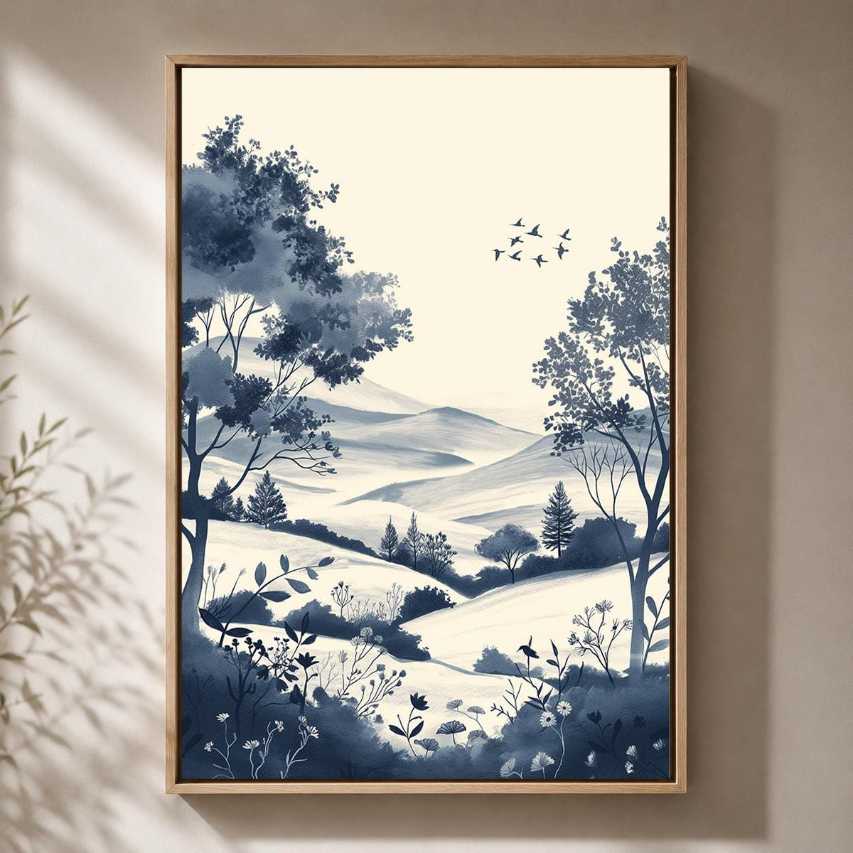 Blue Chinoiserie Landscape Framed Canvas Art, Coastal Cottage Scenic Print by The Wall Art Studio - physical