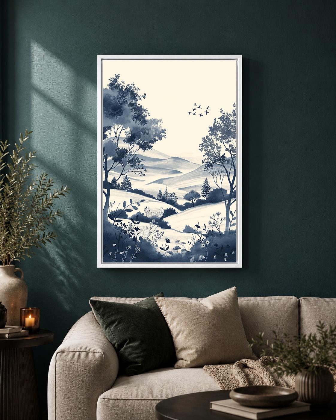 Blue Chinoiserie Landscape Framed Canvas Art, Coastal Cottage Scenic Print by The Wall Art Studio - physical