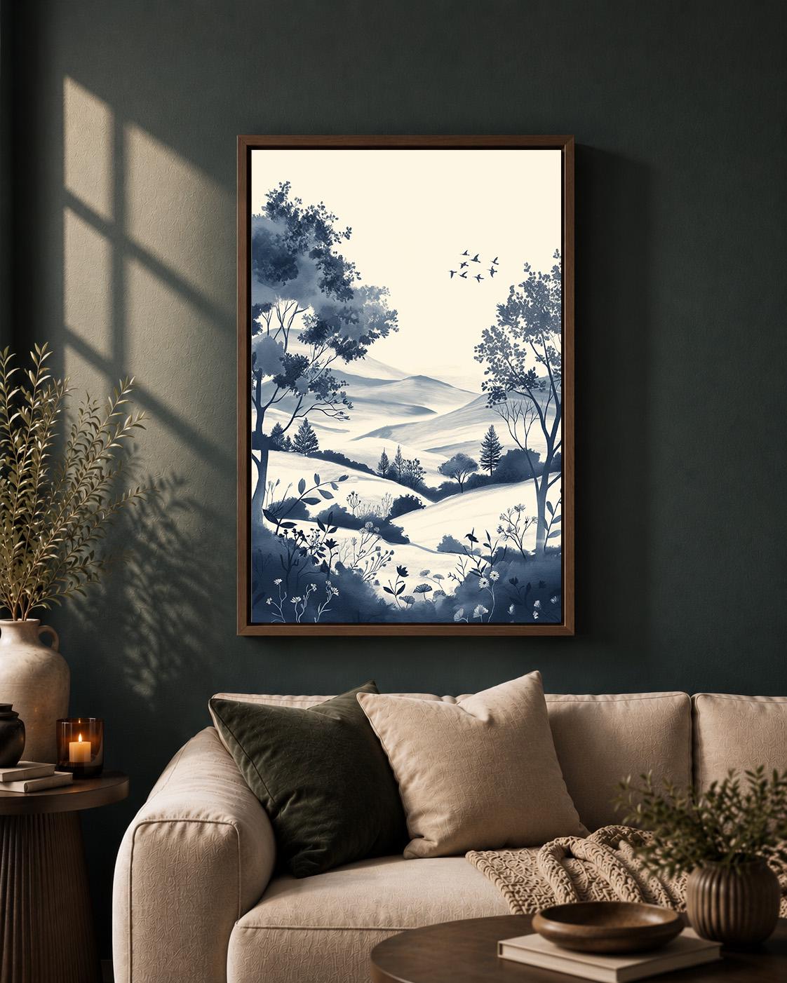 Blue Chinoiserie Landscape Framed Canvas Art, Coastal Cottage Scenic Print by The Wall Art Studio - physical