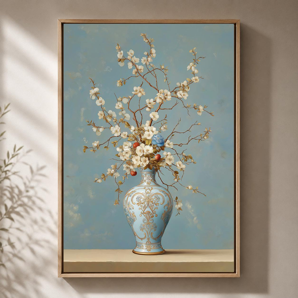 Blue Chinoiserie Vase Floral Framed Canvas Art, Grandmillennial Botanical Print by The Wall Art Studio - physical