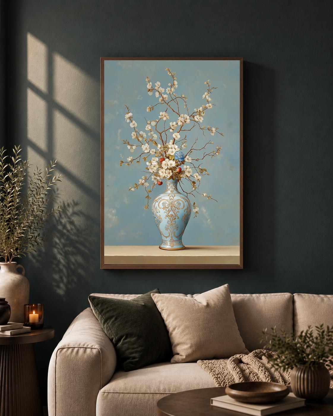 Blue Chinoiserie Vase Floral Framed Canvas Art, Grandmillennial Botanical Print by The Wall Art Studio - physical