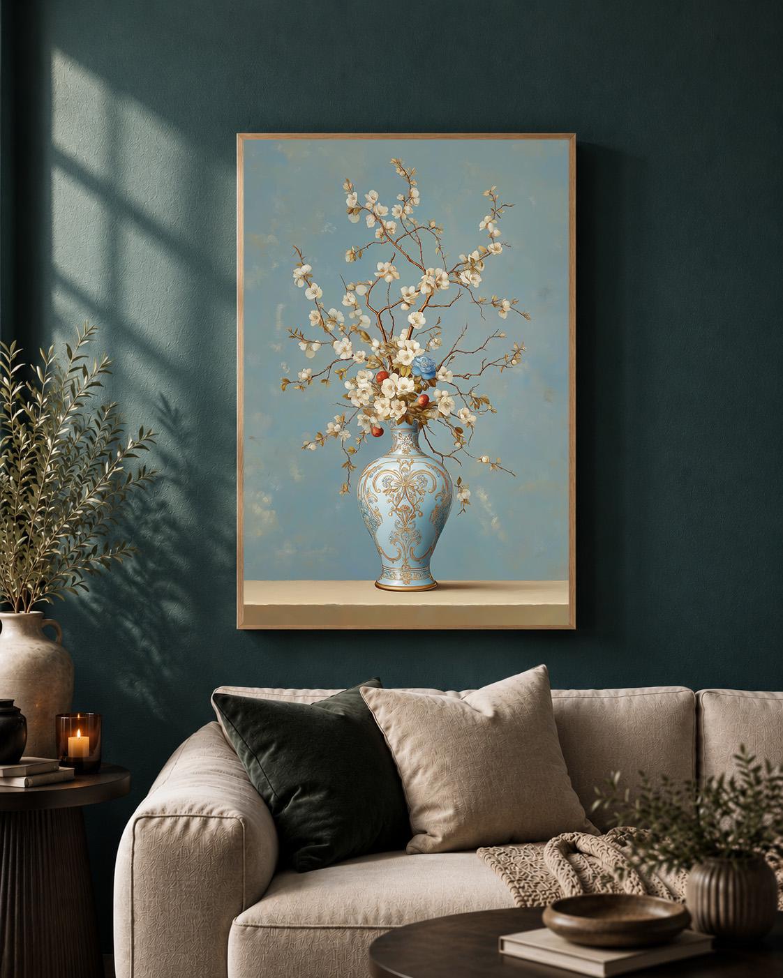 Blue Chinoiserie Vase Floral Framed Canvas Art, Grandmillennial Botanical Print by The Wall Art Studio - physical