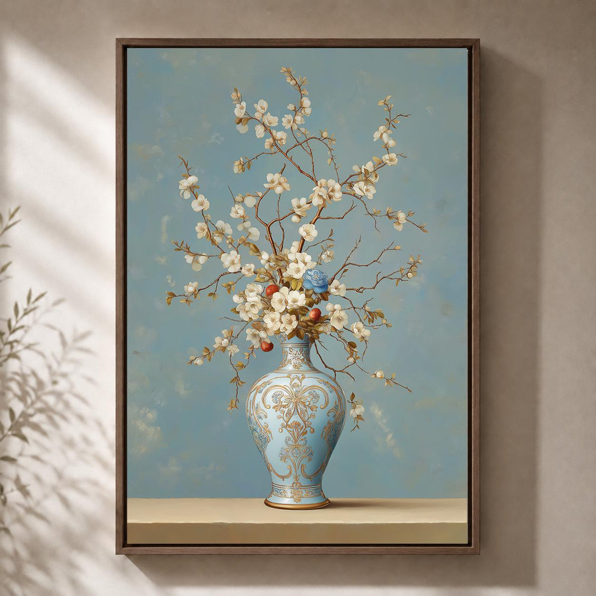 Blue Chinoiserie Vase Floral Framed Canvas Art, Grandmillennial Botanical Print by The Wall Art Studio - physical