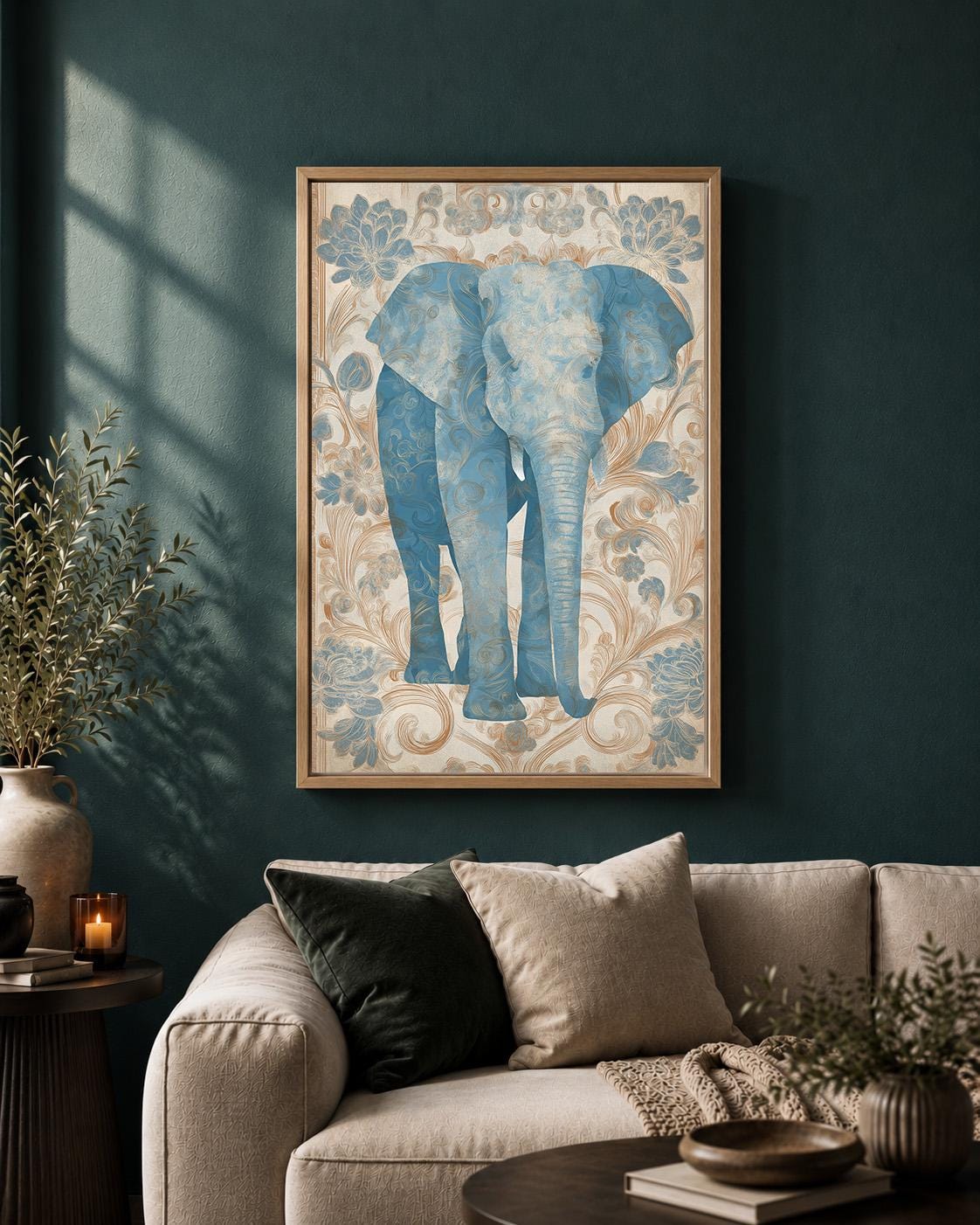 Blue Elephant Botanical Framed Canvas Wall Art, French Country Animal Decor by The Wall Art Studio - physical