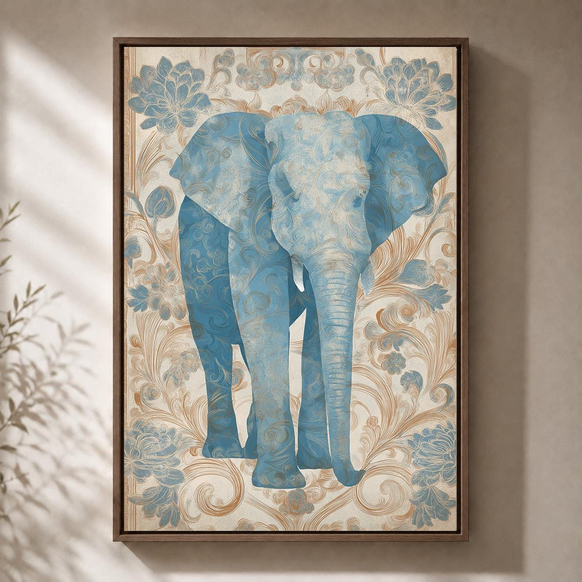 Blue Elephant Botanical Framed Canvas Wall Art, French Country Animal Decor by The Wall Art Studio - physical
