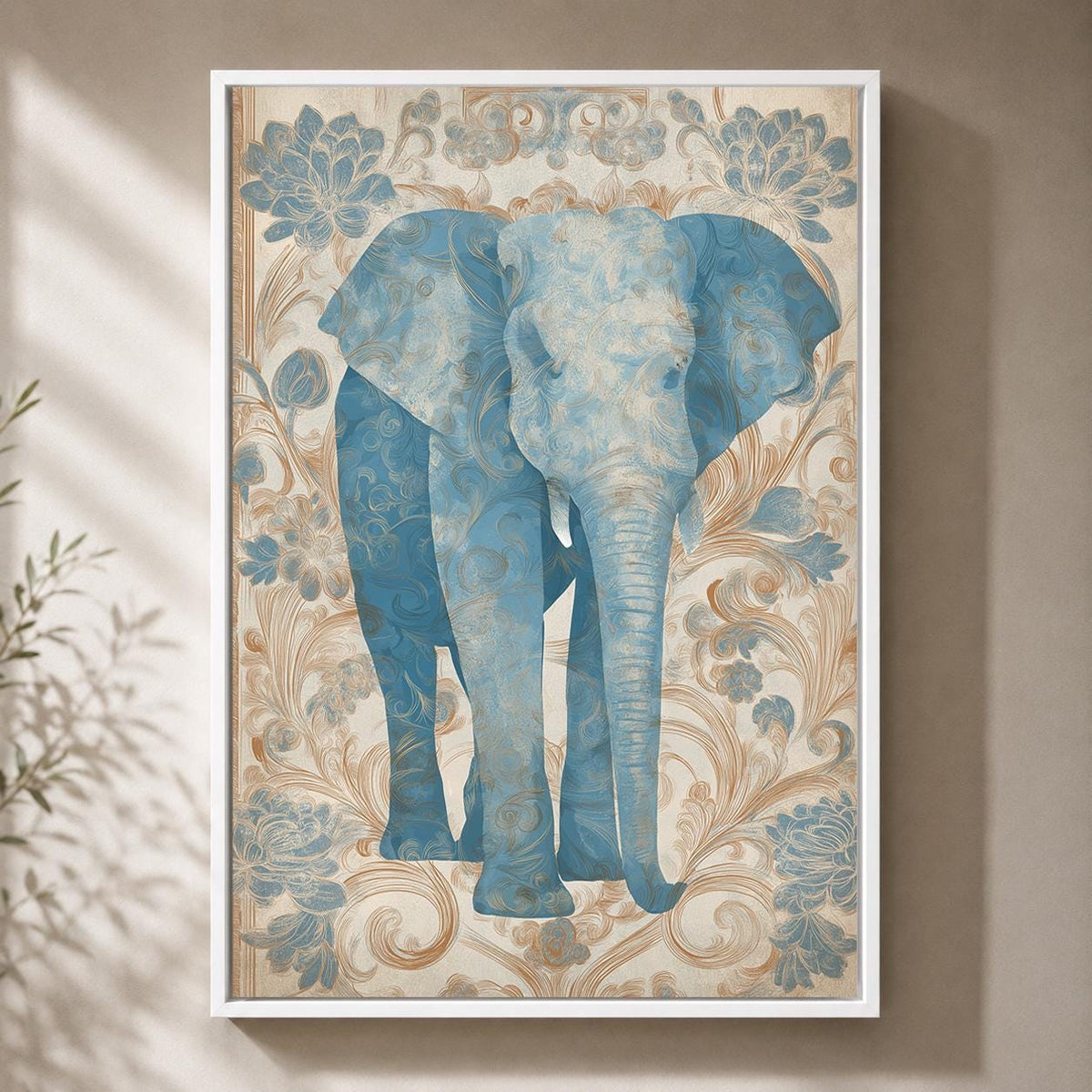 Blue Elephant Botanical Framed Canvas Wall Art, French Country Animal Decor by The Wall Art Studio - physical