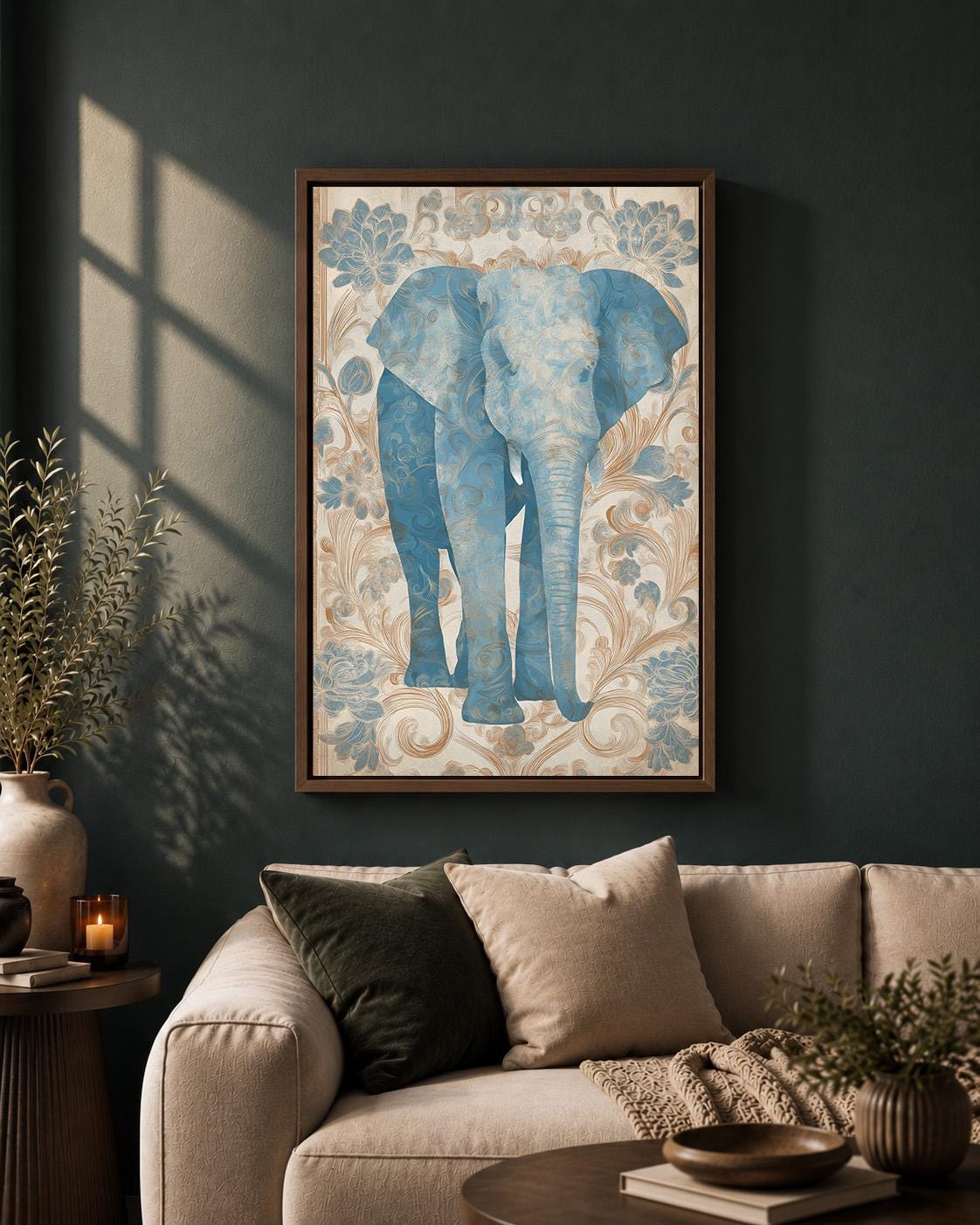 Blue Elephant Botanical Framed Canvas Wall Art, French Country Animal Decor by The Wall Art Studio - physical