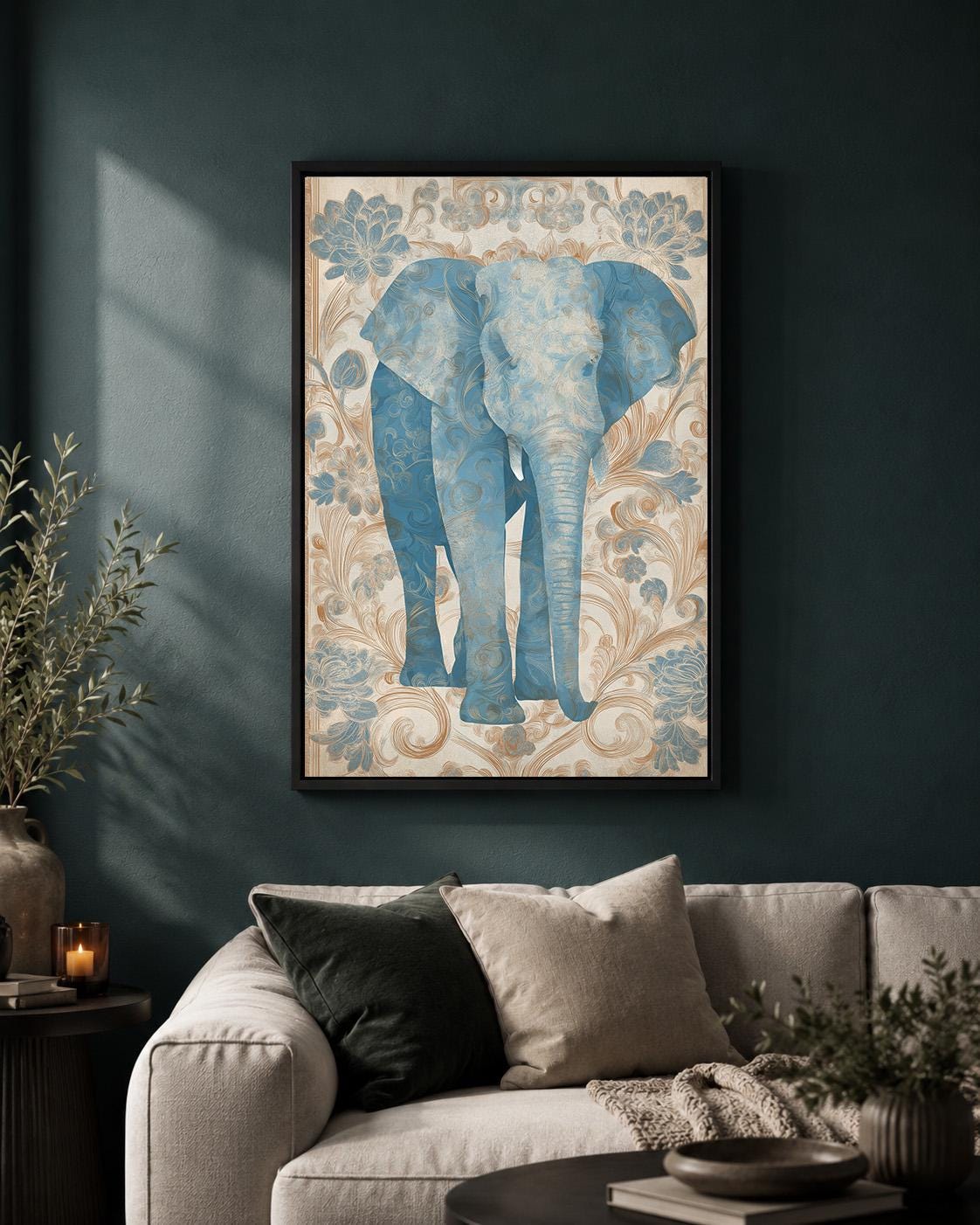 Blue Elephant Botanical Framed Canvas Wall Art, French Country Animal Decor by The Wall Art Studio - physical