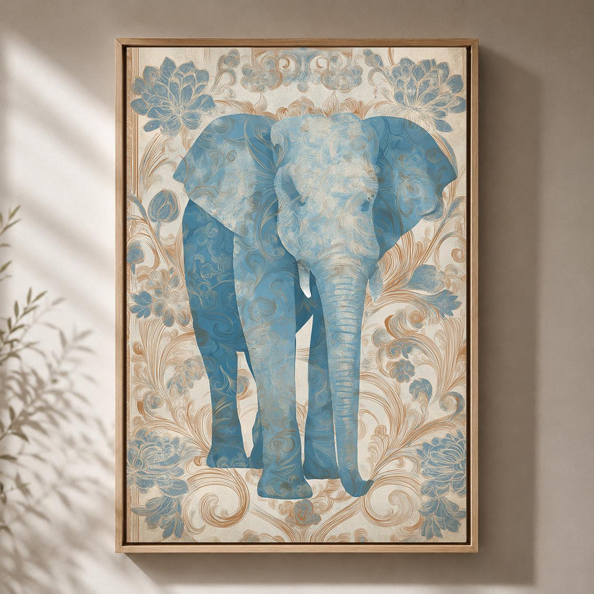 Blue Elephant Botanical Framed Canvas Wall Art, French Country Animal Decor by The Wall Art Studio - physical