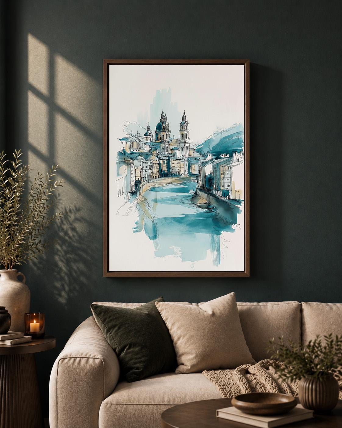 Blue European Cityscape Wall Art, Watercolor Architecture Print, Coastal Blue Travel Framed Canvas, Minimalist Urban Sketc...