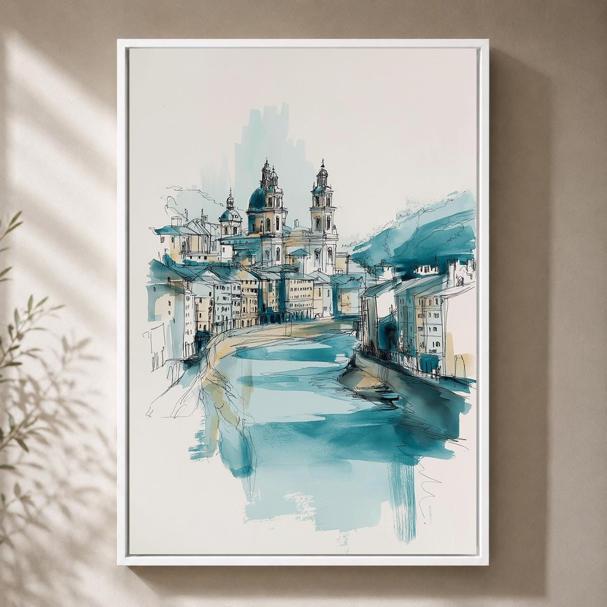 Blue European Cityscape Wall Art, Watercolor Architecture Print, Coastal Blue Travel Framed Canvas, Minimalist Urban Sketc...