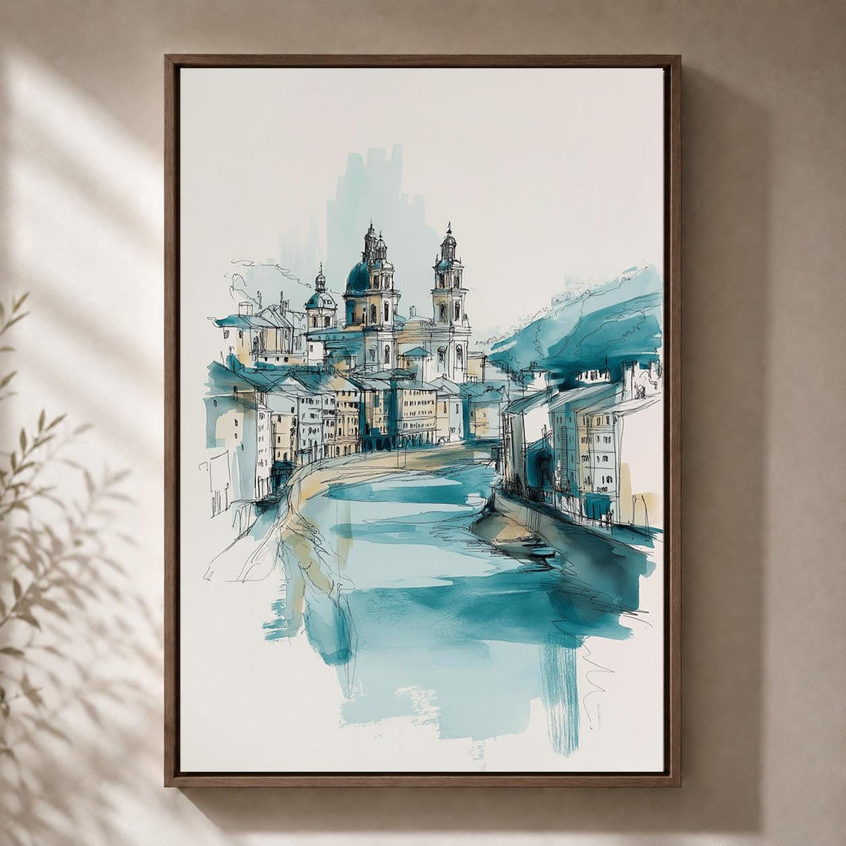Blue European Cityscape Wall Art, Watercolor Architecture Print, Coastal Blue Travel Framed Canvas, Minimalist Urban Sketc...