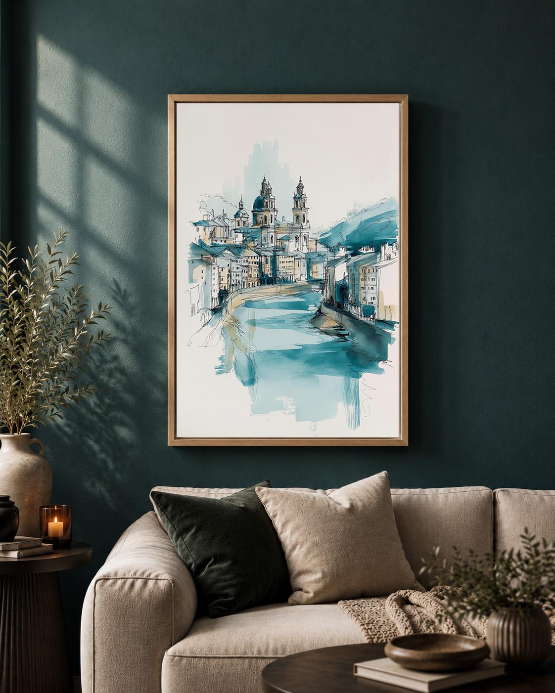 Blue European Cityscape Wall Art, Watercolor Architecture Print, Coastal Blue Travel Framed Canvas, Minimalist Urban Sketc...