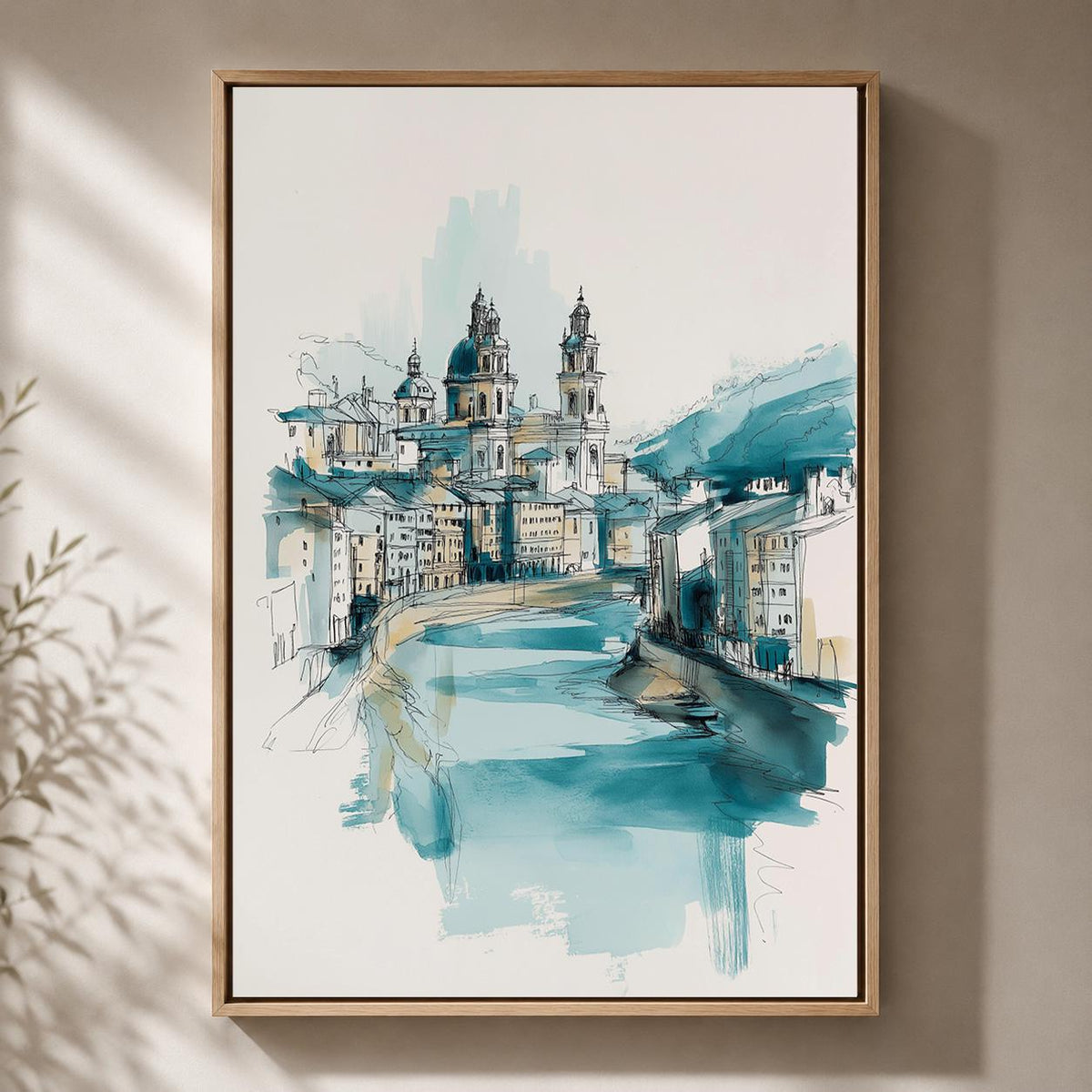 Blue European Cityscape Wall Art, Watercolor Architecture Print, Coastal Blue Travel Framed Canvas, Minimalist Urban Sketc...