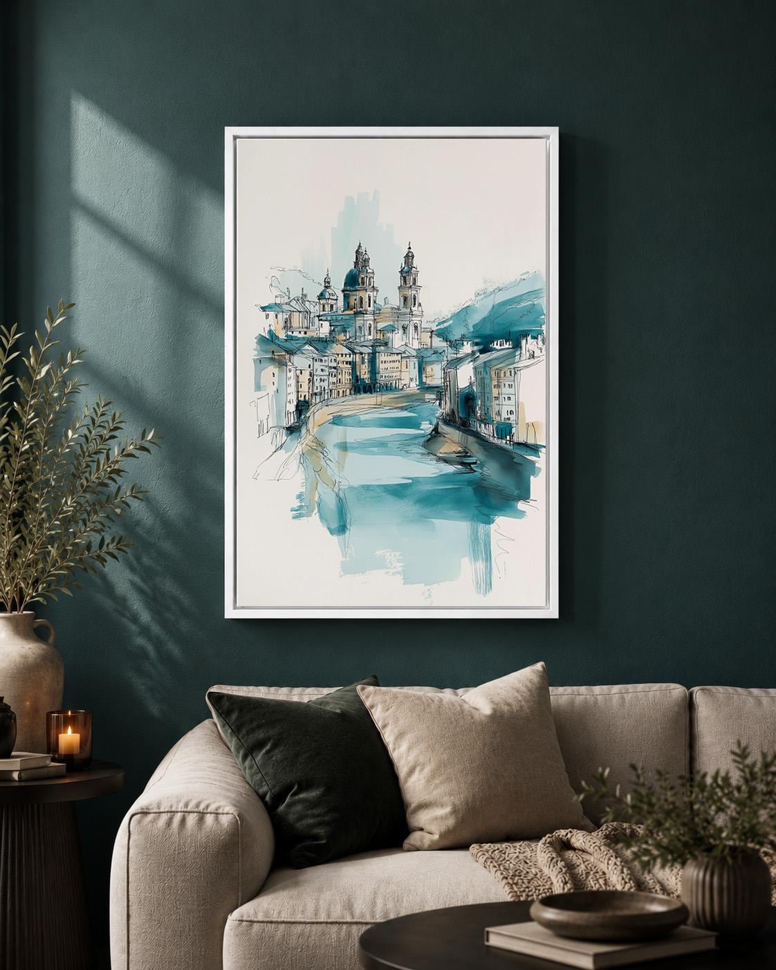 Blue European Cityscape Wall Art, Watercolor Architecture Print, Coastal Blue Travel Framed Canvas, Minimalist Urban Sketc...