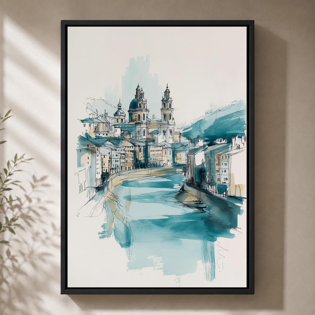 Blue European Cityscape Wall Art, Watercolor Architecture Print, Coastal Blue Travel Framed Canvas, Minimalist Urban Sketc...