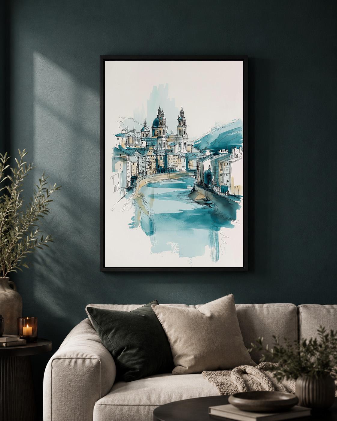 Blue European Cityscape Wall Art, Watercolor Architecture Print, Coastal Blue Travel Framed Canvas, Minimalist Urban Sketc...