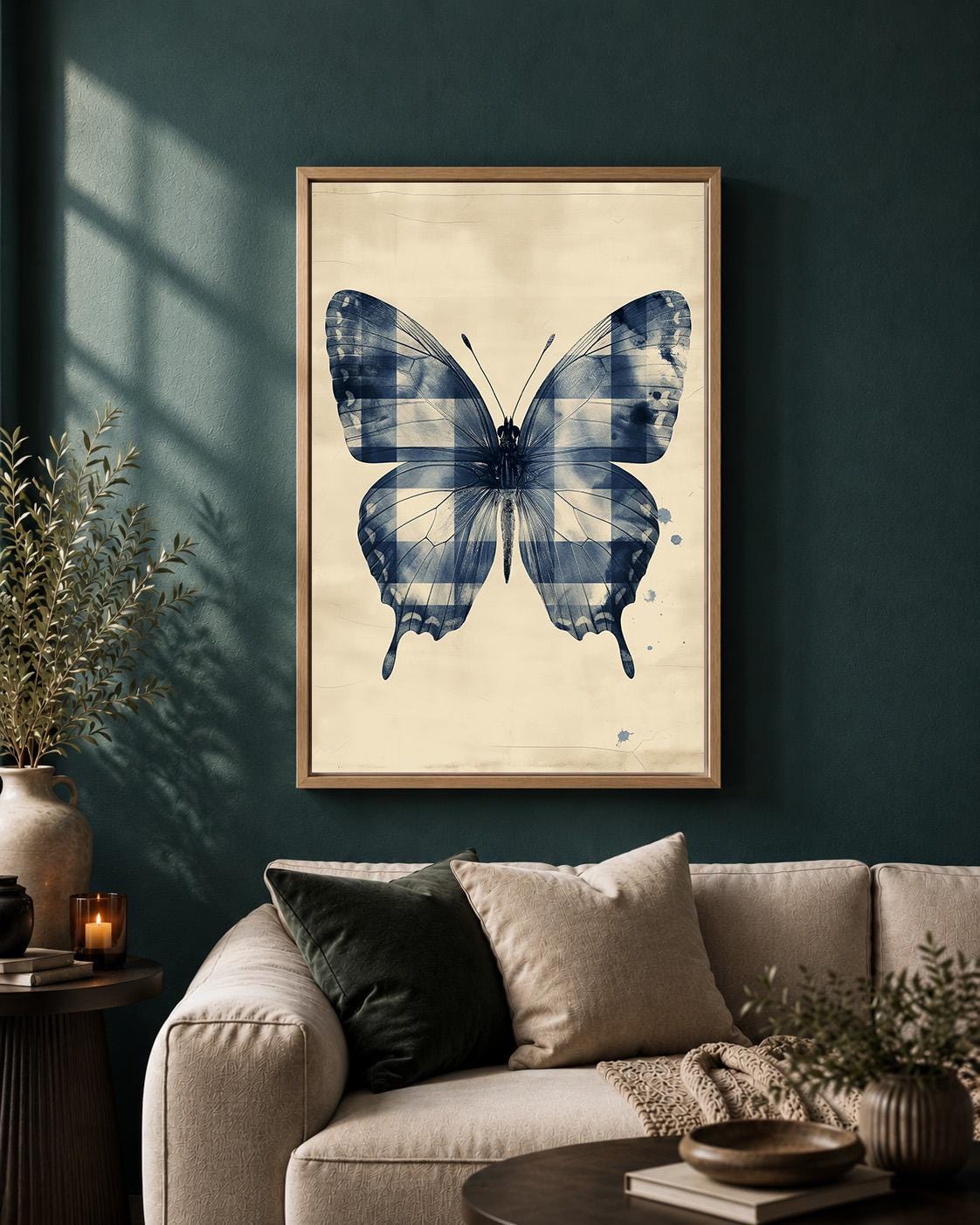 Blue Gingham Butterfly Framed Canvas Art, Cottagecore Insect Print, Vintage Country Decor by The Wall Art Studio - physical