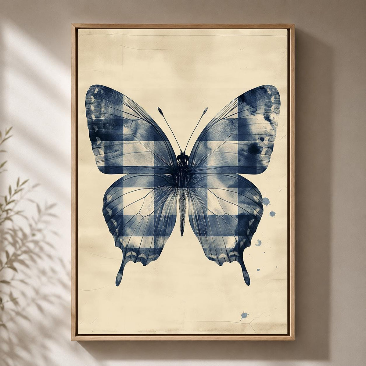Blue Gingham Butterfly Framed Canvas Art, Cottagecore Insect Print, Vintage Country Decor by The Wall Art Studio - physical