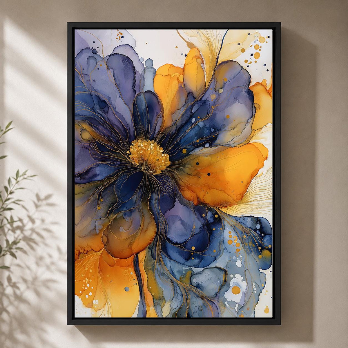 Blue Gold Abstract Floral Framed Canvas Art, Modern Alcohol Ink Flower Print, Botanical Decor by The Wall Art Studio - phy...
