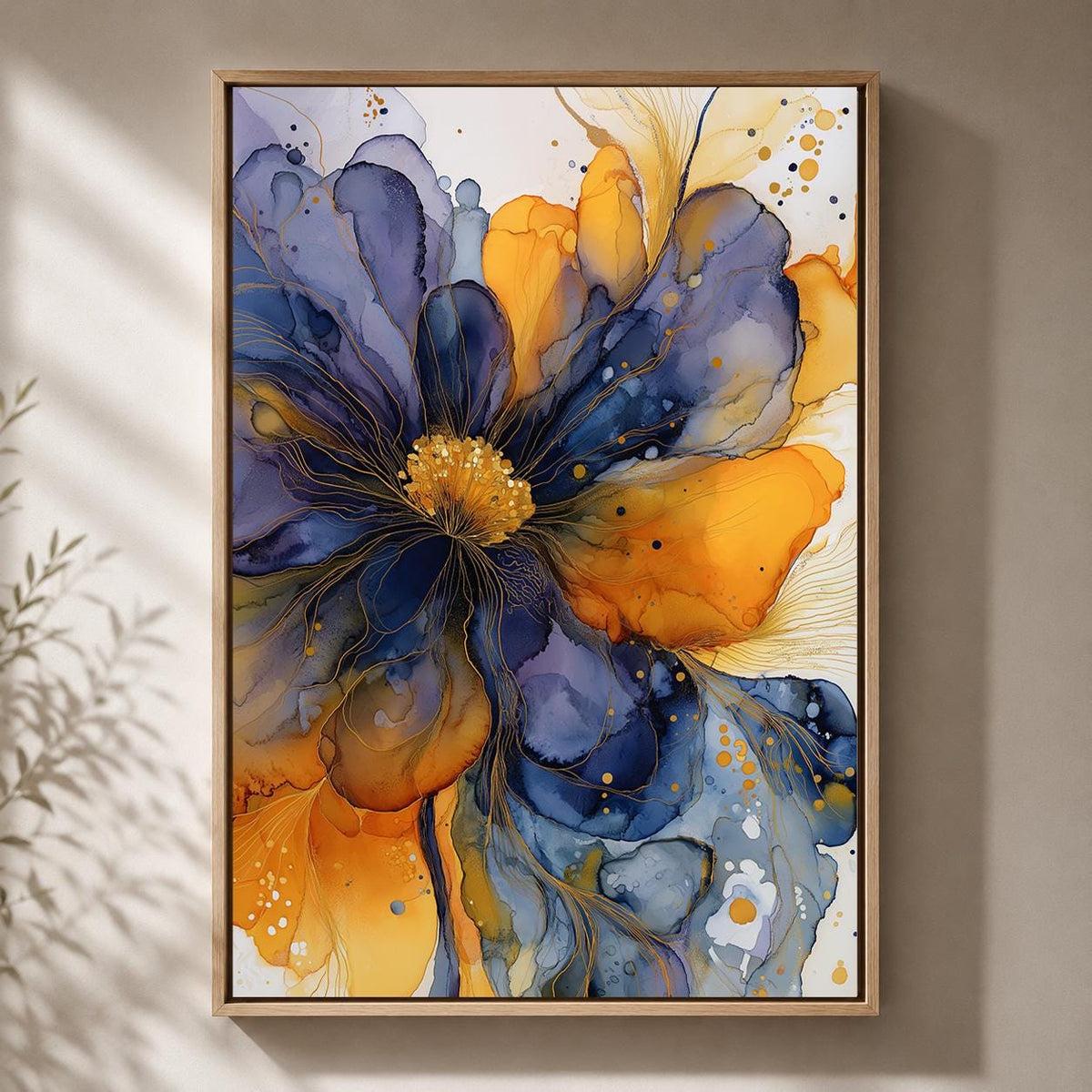 Blue Gold Abstract Floral Framed Canvas Art, Modern Alcohol Ink Flower Print, Botanical Decor by The Wall Art Studio - phy...