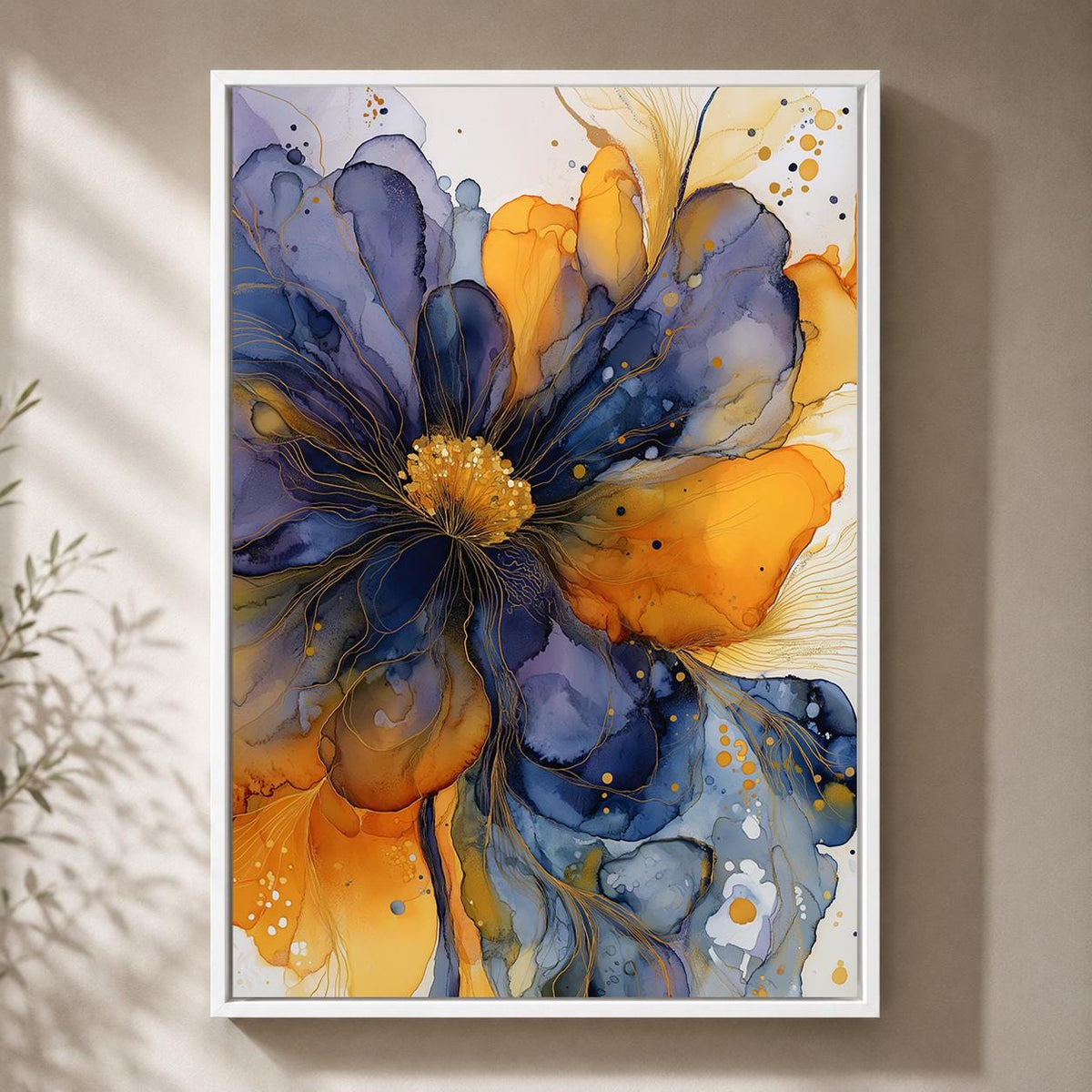 Blue Gold Abstract Floral Framed Canvas Art, Modern Alcohol Ink Flower Print, Botanical Decor by The Wall Art Studio - phy...
