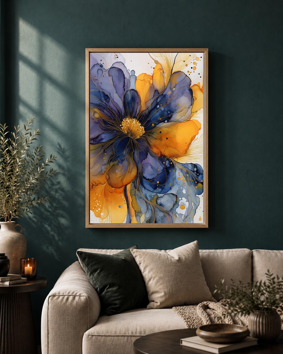 Blue Gold Abstract Floral Framed Canvas Art, Modern Alcohol Ink Flower Print, Botanical Decor by The Wall Art Studio - phy...